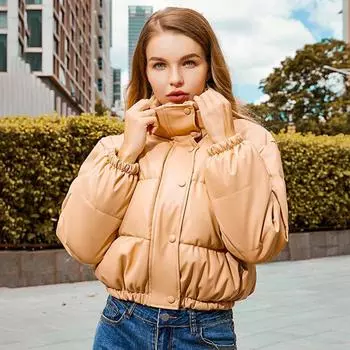 Женская осенне-зимняя теплая шикарная кожаная куртка с воротником-стойкой и длинным рукавом, однотонное короткое хлопковое пальто S-XXL S хаки