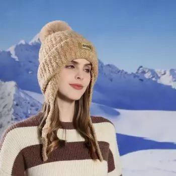 Женская осенне-зимняя теплая уличная защитная шапка для ушей, устойчивая к холоду, имитация плюс меховая вязаная шапка с шариками для волос, милая милая шапка Lei Feng One Size хаки