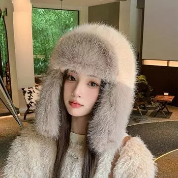 Женская осенне-зимняя теплая утепленная защитная шапка из холодного меха и бархата для велоспорта, вязаная шапка-бомбер, милые милые шапки Lei Feng One Size чёрный