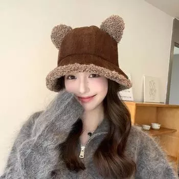 Женская осенне-зимняя теплая утепленная защитная шапка из холодного меха, бархатная уличная панама, милая кепка-рыбак с плюшевым мишкой One Size бежевый