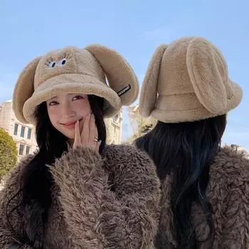 Женская осенне-зимняя теплая утепленная защитная шапка для рыбалки с заячьими ушками, холодная бархатная вязаная шапка, милая симпатичная кепка-ведро One Size чёрный