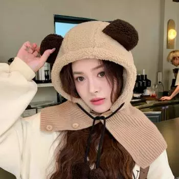 Женская осенне-зимняя теплая утепленная защитная шапка для ушей, холодная на открытом воздухе, бархатная вязаная шаль с капюшоном, милая милая шапка с маленьким медвежонком One Size чёрный