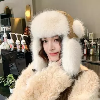 Женская осенне-зимняя теплая утепленная защитная шапка-ушанка из холодного меха и бархата, уличная кепка-бомбер, милые милые шапки Lei Feng One Size бежевый