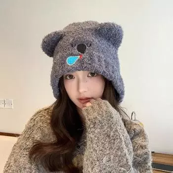 Женская осенне-зимняя теплая утепленная защитная шапка для ушей из холодного бархата, рыболовные шапки, милая вязаная шерстяная шапка с медведем One Size серый