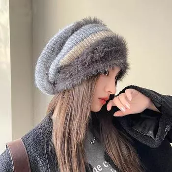 Женская осенне-зимняя теплая утолщенная защитная шапка с холодным мехом и бархатом для улицы, ворсовая кепка, милые полосатые шапки One Size хаки