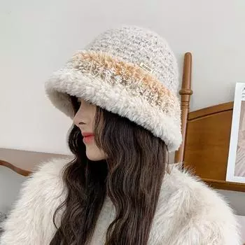 Женская осенне-зимняя теплая утолщенная защитная шапка для рыбалки, вязаные шапки из холодного бархата, милая полосатая кепка-ведро One Size хаки