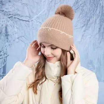 Женская осенне-зимняя теплая утолщенная защитная шапка с меховым помпоном для волос, бархатная вязаная шапка для велоспорта, милая жемчужная шапка One Size хаки