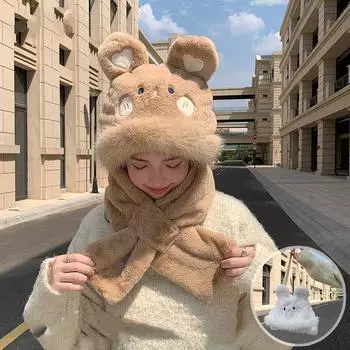 Женская осенне-зимняя теплая утолщенная защитная шапка из холодного меха, бархатный уличный шарф из кролика, интегрированные шапки, милая симпатичная кепка One Size белый