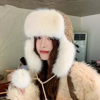 Женская осенне-зимняя теплая утолщенная защитная шапка-ушанка из холодного меха и бархата, вязаная шапка-бомбер, милые милые шапки Lei Feng One Size бежевый