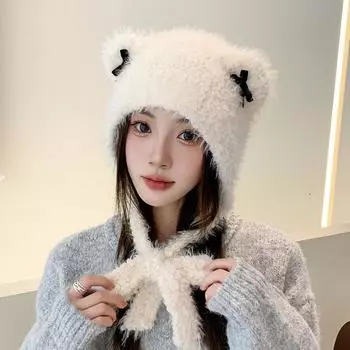 Женская осенне-зимняя теплая утолщенная защитная шапка с холодным мехом и бархатом, уличная шапка-бомбер с кошачьими ушками и бантом, милая кепка Lei Feng One Size бежевый