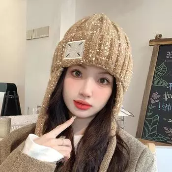 Женская осенне-зимняя теплая утолщенная защитная шапка для ушей из холодного меха, бархатная вязаная шапка для улицы, милая, симпатичная, красочная шапка One Size хаки