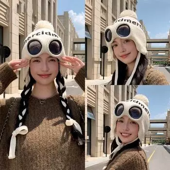 Женская осенне-зимняя теплая утолщенная защитная шапка с очками и очками из холодного меха, бархатная вязаная шапка для улицы, милая милая шапка Lei Feng One Size серый