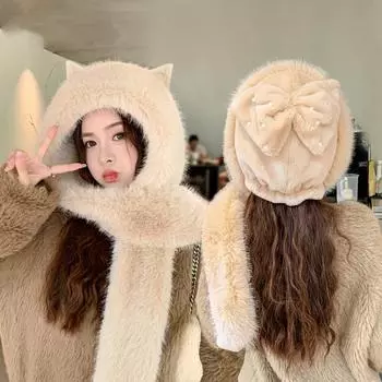 Женская осенне-зимняя теплая утолщенная защитная шапка для ушей, холодный бархатный шарф для улицы, плюшевая цельная шапка, милые кошачьи ушки, шапки One Size белый
