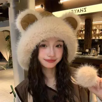 Женская осенне-зимняя теплая утолщенная защитная шапка с капюшоном из холодного меха и бархата, ветрозащитная кепка-бомбер с милым медведем Lei Feng One Size чёрный