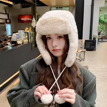 Женская осенне-зимняя теплая утолщенная защитная шапка с капюшоном из холодного меха и бархата, ветрозащитная кепка-бомбер, милые милые шапки Lei Feng One Size бежевый