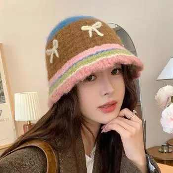 Женская осенне-зимняя теплая утолщенная защитная шапка для рыбалки из холодного бархата, милые вязаные шапки в полоску One Size бежевый