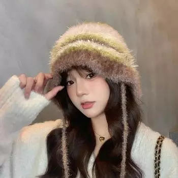 Женская осенне-зимняя теплая утолщенная защитная шапка для рыбалки, вязаные шапки из холодного бархата, милая, полосатая, разноцветная, кепка-ведро One Size кофейный