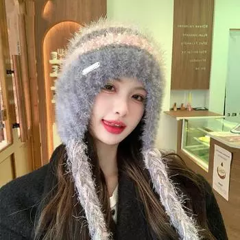 Женская осенне-зимняя теплая утолщенная защитная шапка с холодным мехом и бархатом, двойная тесьма, вязаная шапка, милая разноцветная шапка One Size фиолетовый