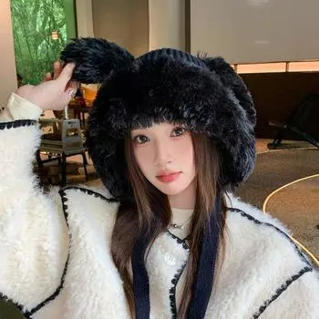 Женская осенне-зимняя теплая утолщенная защитная шапка для ушей из холодного бархата с плюшевым кроликом, вязаная шапка-бомбер, милая большая шапка Lei Feng One Size чёрный