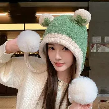 Женская осенне-зимняя теплая утолщенная защитная шапка с меховым шариком из бархата, вязаная шапка с милым медвежонком One Size хаки