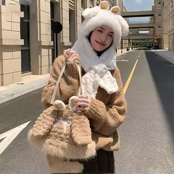 Женская осенне-зимняя теплая утолщенная защитная шапка из кроличьего меха, бархатная вязаная шапка-бомбер, милая, Lei Feng, интегрированная сумка на шею One Size серый