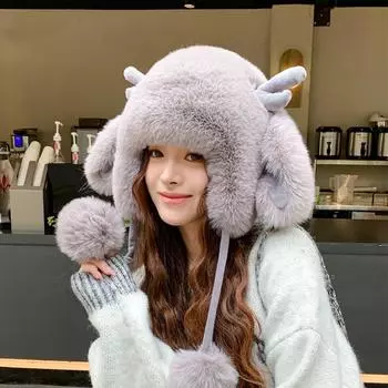 Женская осенне-зимняя теплая утолщенная защитная шапка для ушей, холодная плюшевая бархатная уличная вязаная шапка-бомбер с рогами, милые милые шапки Lei Feng One Size белый