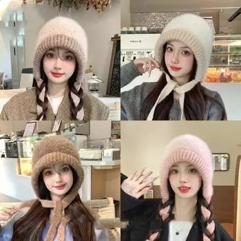 Женская осенне-зимняя теплая утолщенная защитная шапка из холодного меха, бархатная уличная панама, милая вязаная шапка One Size серый
