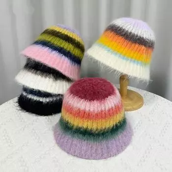Женская осенне-зимняя теплая утолщенная защитная шапка для ушей из холодного бархата, вязаная рыболовная шапка, милая, красочная, полосатая, панама One Size бежевый