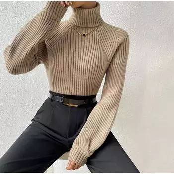 Женская осенне-зимняя теплая вязаная водолазка, модная корейская повседневная трикотажная кофта, эластичная, тонкая, с длинными рукавами, вязаная полосатая кофта S хаки