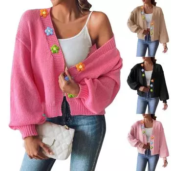 Женская осенне-зимняя тканая кофта-свитер с крючком для рук, короткий кардиган без пуговиц XL чёрный