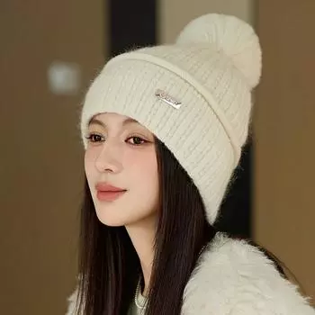 Женская осенне-зимняя толстая эластичная меховая вязаная шапка с шариками, однотонная шерстяная шапка для защиты ушей хаки