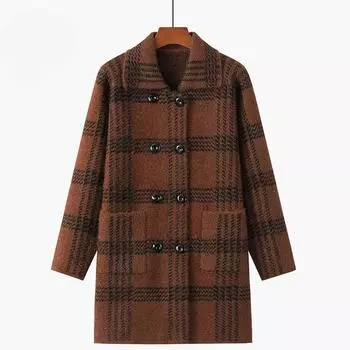 Женская осенне-зимняя толстая куртка-свитер средней длины в клетку, топ больших размеров, подходит для женщин весом 50-70 кг One size синий