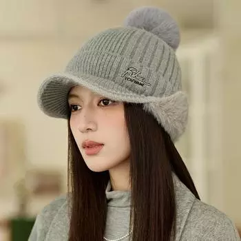 Женская осенне-зимняя толстая меховая вязаная шапка с шариками, однотонная бейсболка белый