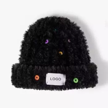 Женская осенне-зимняя толстая теплая меховая вязаная шапка с цветными пуговицами и шерстяная шапка белый