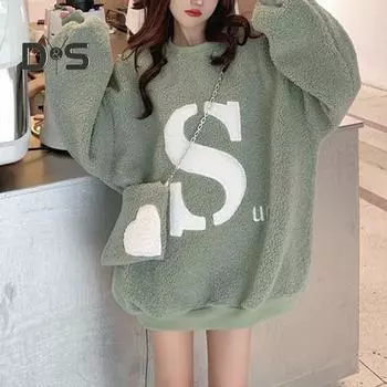 Женская осенне-зимняя толстовка из плотного плюша с буквенным узором, свободная шея с длинным рукавом, мягкая теплая эластичная манжета средней длины, женский топ с сумкой через плечо M белый