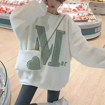 Женская осенне-зимняя толстовка из плотного плюша с буквенным узором, свободная шея с длинным рукавом, мягкая теплая эластичная манжета средней длины, женский топ с сумкой через плечо M белый