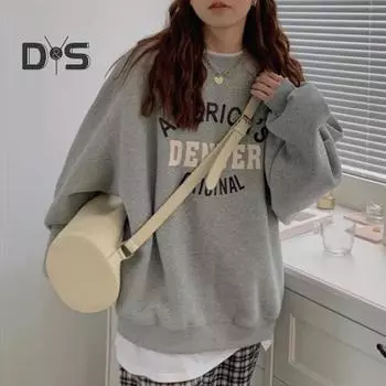 Женская осенне-зимняя толстовка с буквенным принтом, круглым вырезом и длинными рукавами, эластичные манжеты, свободная мягкая теплая уличная одежда в стиле хип-хоп, женский зимний топ M серый