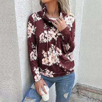 Женская осенне-зимняя толстовка с цветочным принтом, повседневная толстовка с высоким воротником, свободная толстовка с принтом S