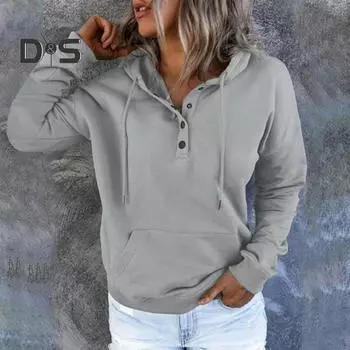 Женская осенне-зимняя толстовка с длинным рукавом, свободный пуловер, большой карман, декор на пуговицах, повседневная мягкая теплая эластичная манжета с капюшоном, женская толстовка с капюшоном, топ M синий