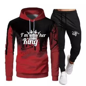 Женская осенне-зимняя толстовка с длинными рукавами, костюм с капюшоном с принтом короля и королевы, брендовые брюки, повседневный спортивный костюм, спортивная одежда, толстовка S
