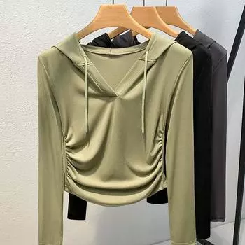 Женская осенне-зимняя толстовка с капюшоном, длинными рукавами, тонким дном и складками на талии S чёрный