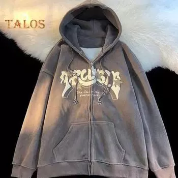 Женская осенне-зимняя толстовка с капюшоном на шнурке, карман с вышивкой букв, толстые длинные рукава, теплая застежка-молния, кардиган, свободное пальто в консервативном стиле M темно-серого