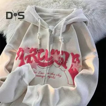 Женская осенне-зимняя толстовка с капюшоном на шнурке, карман с вышивкой букв, толстые длинные рукава, теплая застежка-молния, кардиган, свободное пальто в консервативном стиле M зелёный