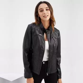 Женская осенне-зимняя тонкая кожаная куртка из искусственной кожи с воротником-стойкой и длинными рукавами S-3XL S розовый