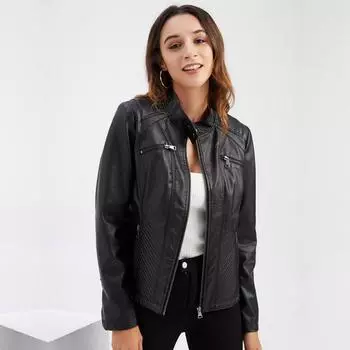 Женская осенне-зимняя тонкая кожаная куртка из искусственной кожи с воротником-стойкой и длинными рукавами S-3XL S верблюд