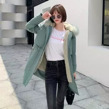 Женская осенне-зимняя тонкая теплая длинная парка с капюшоном и меховым воротником с длинным рукавом и плюшевой завязкой M чёрный