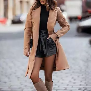 Женская осенне-зимняя тонкая твидовая однотонная куртка с длинными рукавами и карманами на пуговицах S хаки