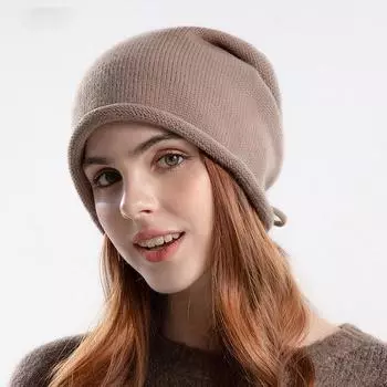 Женская осенне-зимняя тонкая вязаная сложенная шапка, теплый пуловер, шапка с завязками, окололунная шапка с большой головой One Size чёрный