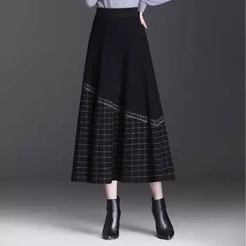 Женская осенне-зимняя трикотажная клетчатая юбка-бюстье, утолщенная тонкая в длинной части юбки-бюстье с высокой талией и широкими бретелями 3XL