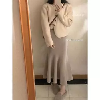 Женская осенне-зимняя трикотажная однотонная узкая юбка средней длины с узором «рыбий хвост» one size fits all розовый